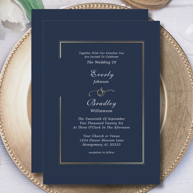 Invitación Elegante Boda de la frontera dorada azul de la Mar (Subido por el creador)