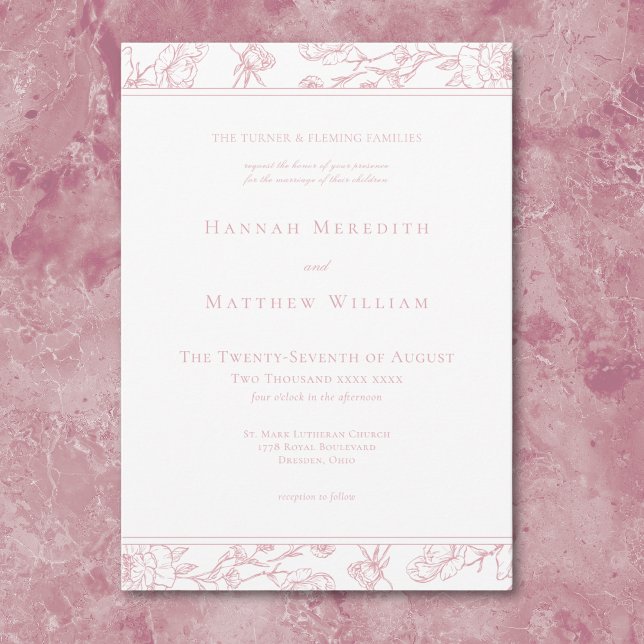 Invitación Elegante Boda de la frontera Escudo de pájaros Chi (Elegant Pink Chinoiserie Bird Crest Border Wedding Invitation)