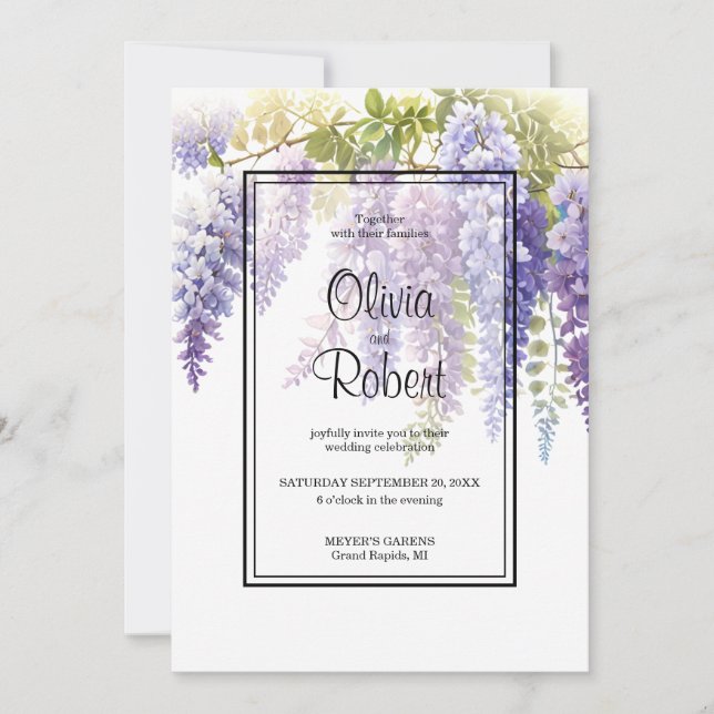 Invitación Elegante boda de la glicinia magenta acuarela púrp (Anverso)