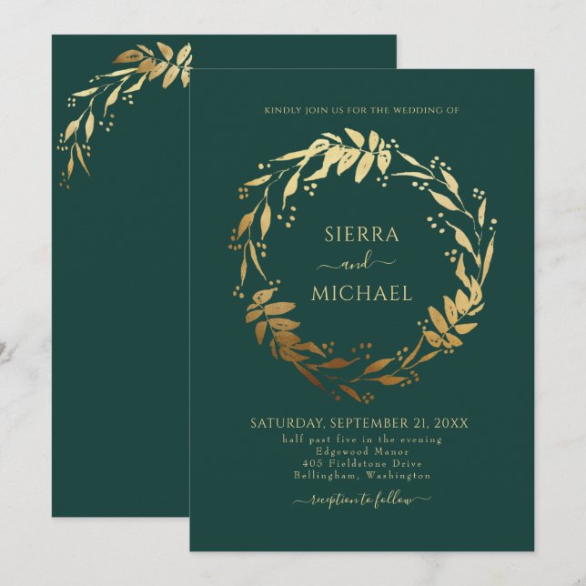Invitación Elegante Boda de la guirnalda dorada verde esmeral (Anverso / Reverso)