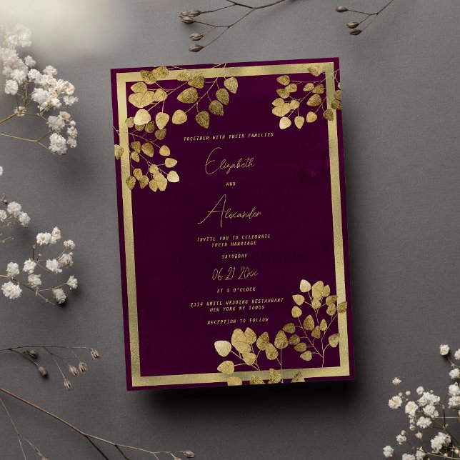 Invitación Elegante boda de la hoja de eucalipto de oro burde (Elegant burgundy gold eucalyptus leaf wedding )