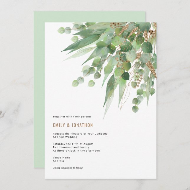 Invitación Elegante Boda de la hoja de eucalipto de oro verde (Anverso / Reverso)
