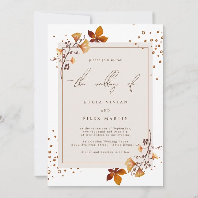 Invitación Elegante Boda de la hoja de otoño de oro (Anverso)