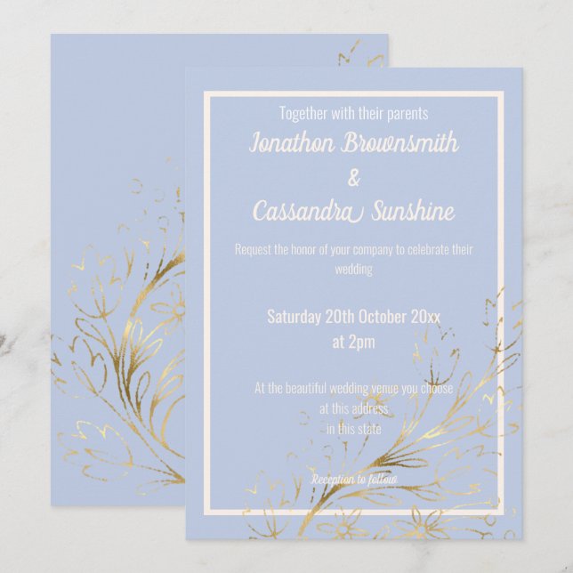 INVITACIÓN ELEGANTE BODA DE LA LEAF DE RUBOR BLUE GOLD (Anverso / Reverso)