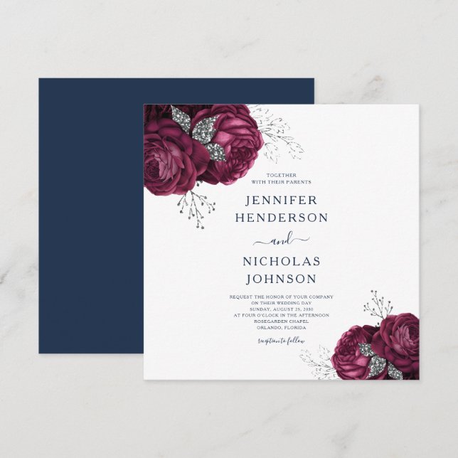 Invitación Elegante Boda de la Marina Azul Borgoña Floral Peo (Anverso / Reverso)