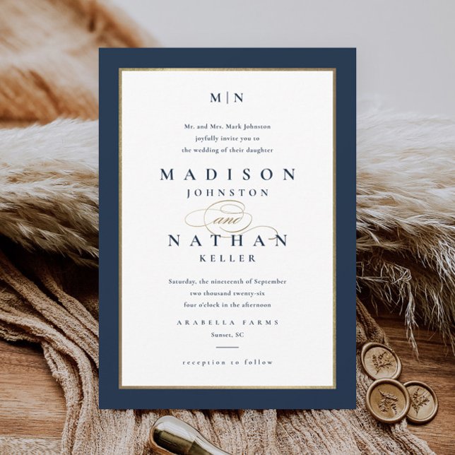 Invitación Elegante Boda de la Marina Azul y Oro (Elegant Typography Navy Blue and Gold Wedding Monogram Invitation.)
