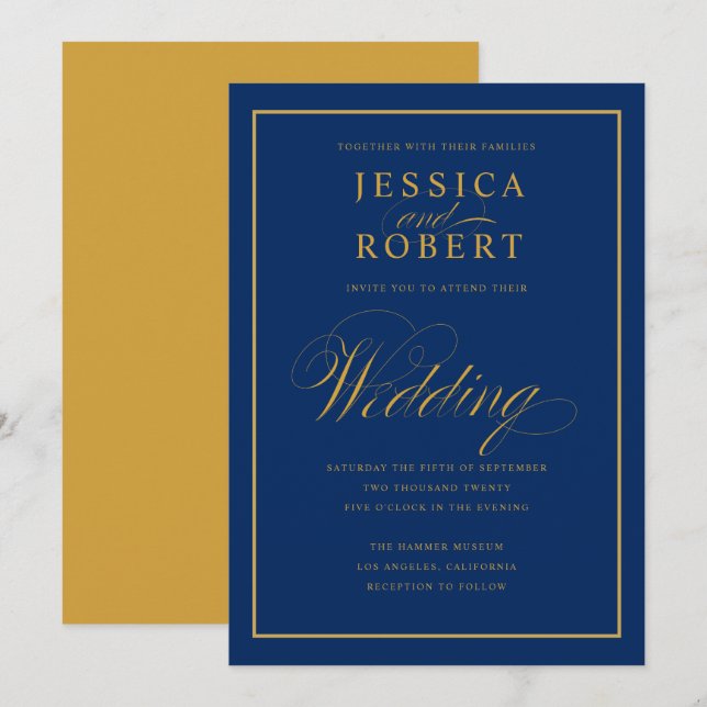 Invitación Elegante Boda de la Marina Azul y Oro Amarillo (Anverso / Reverso)