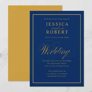 Invitación Elegante Boda de la Marina Azul y Oro Amarillo