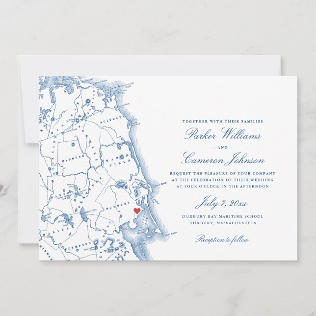 Invitación Elegante Boda de la Marina de Mapa de Duxbury Mass (Anverso)
