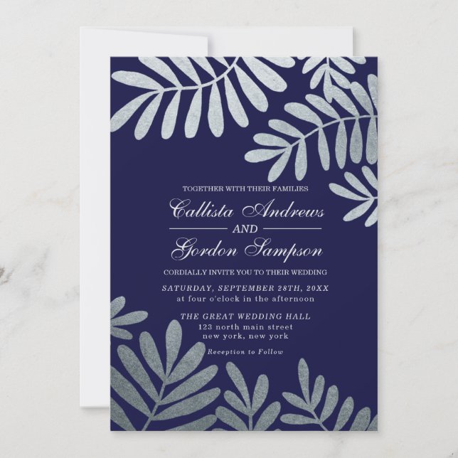 Invitación Elegante Boda de la Marina de Plata Azul (Anverso)