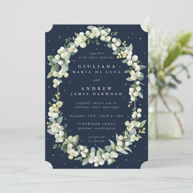 Invitación Elegante Boda de la Marina Oscura Snowberry+Eucaly (Anverso de pie)