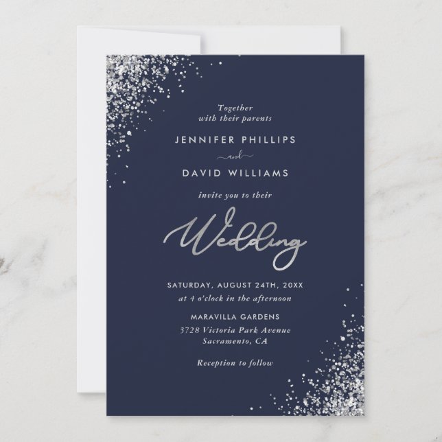 Invitación Elegante Boda de la Marina Purpurina Plata Azul (Anverso)