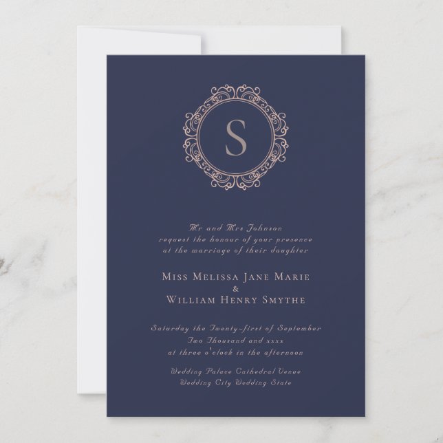 Invitación Elegante Boda de la Marina Rubor Monograma de cobr (Anverso)