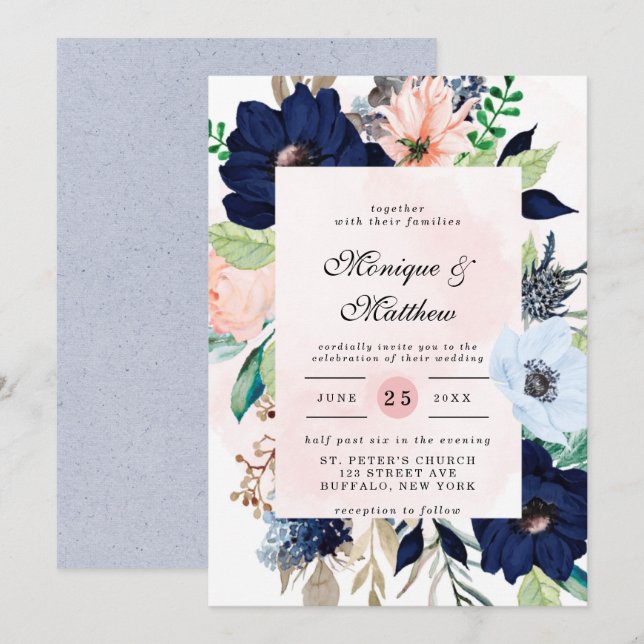Invitación Elegante Boda de la Marina Rubor Pink Florals (Anverso / Reverso)