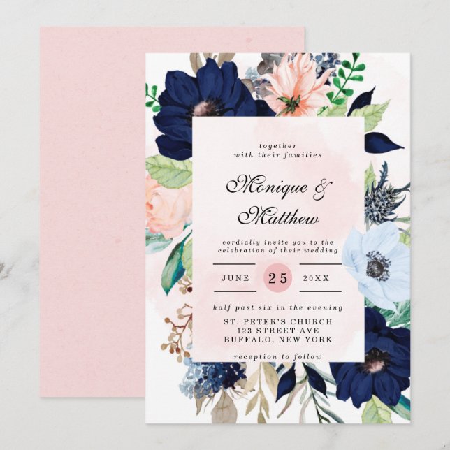 Invitación Elegante Boda de la Marina Rubor Pink Florals (Anverso / Reverso)