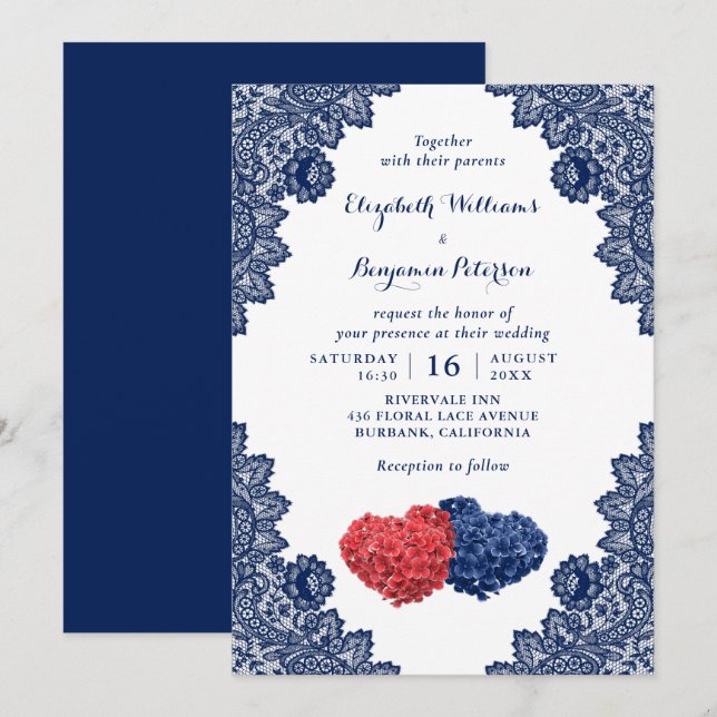 Invitación Elegante Boda de la Marina Rustica Azul y Floral R (Anverso / Reverso)