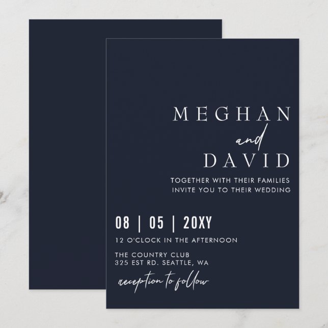 Invitación Elegante Boda de la Marina Simple Escrito A Mano (Anverso / Reverso)