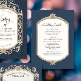 Invitación Elegante Boda de la Marina Vintage azul y oro