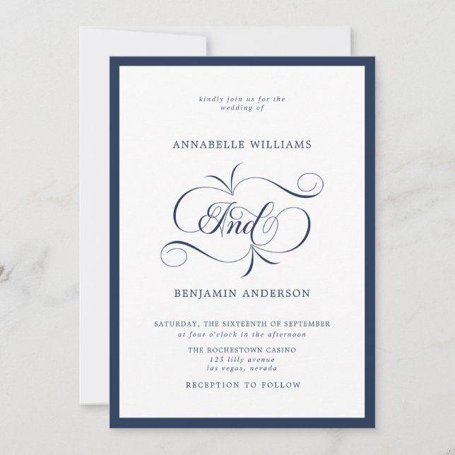 Invitación Elegante Boda de la Marina y del Clásico Blanco (Anverso)