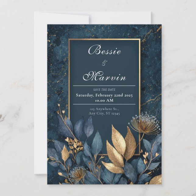 Invitación Elegante Boda de la Marina y la Hoja de Oro (Anverso)