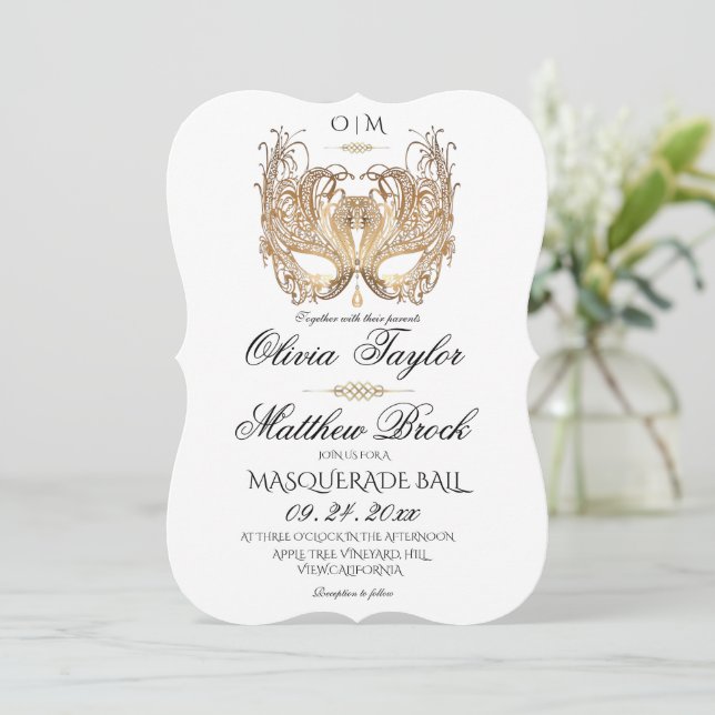 Invitación Elegante Boda de la mascarada blanca (Anverso de pie)