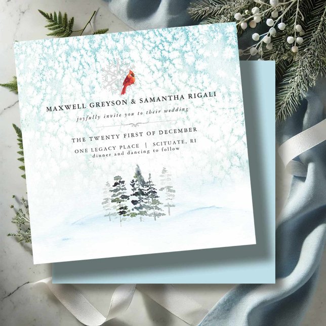 Invitación Elegante Boda de la Montaña de los Pinos de Invier (Mountain wedding invitations elegant wintery scene with pine trees and a cardinal in shades of blue)