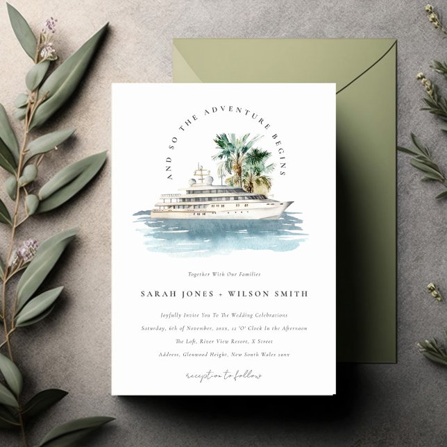 Invitación Elegante Boda de la Palm Seascape del Barco de Cru (Subido por el creador)