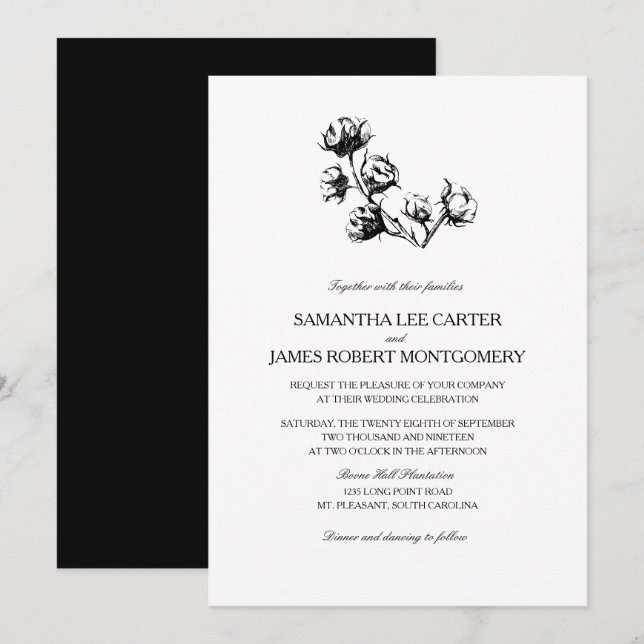 Invitación Elegante Boda de la planta de bolas de algodón bla (Anverso / Reverso)