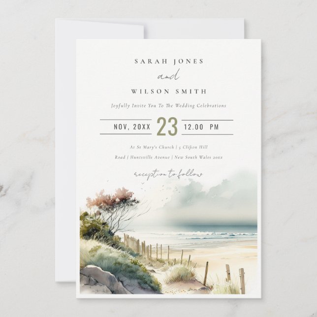 Invitación Elegante Boda de la playa de arena dorada de la co (Anverso)