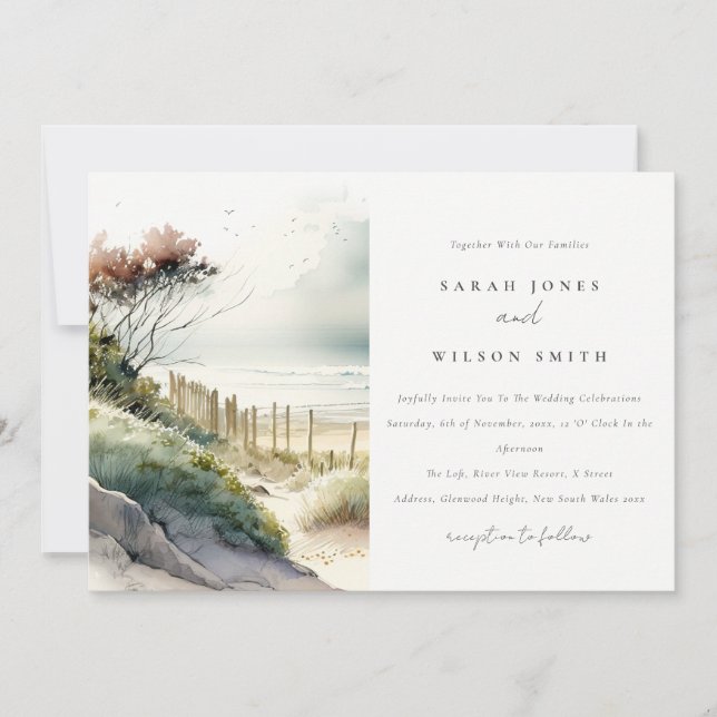 Invitación Elegante Boda de la playa de arena dorada de la co (Anverso)