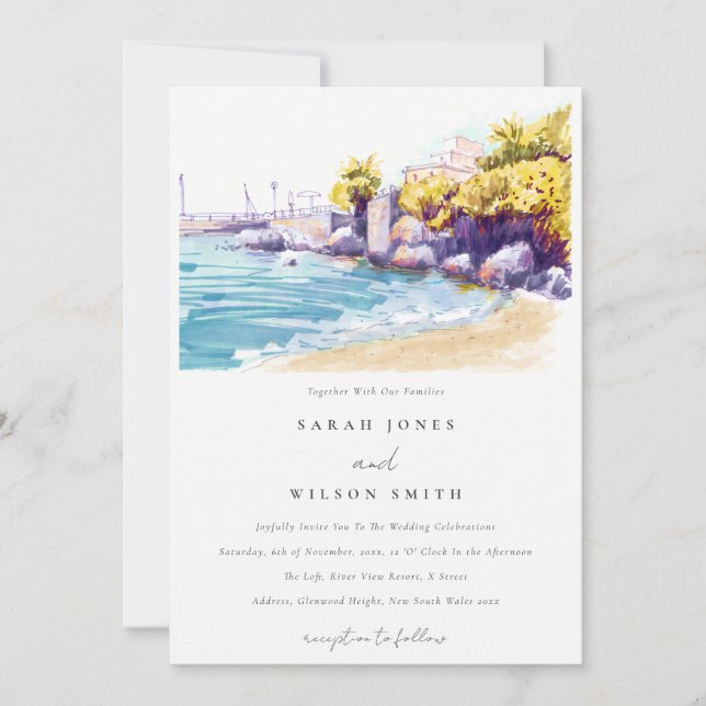 Invitación Elegante Boda de la playa de arena dorada Rocky Se (Anverso)