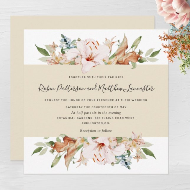 Invitación Elegante Boda de la Plaza Beige con flores de sang (Subido por el creador)