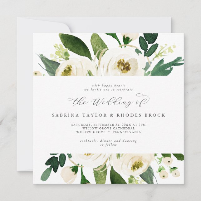 Invitación Elegante Boda de la plaza floral blanca (Anverso)