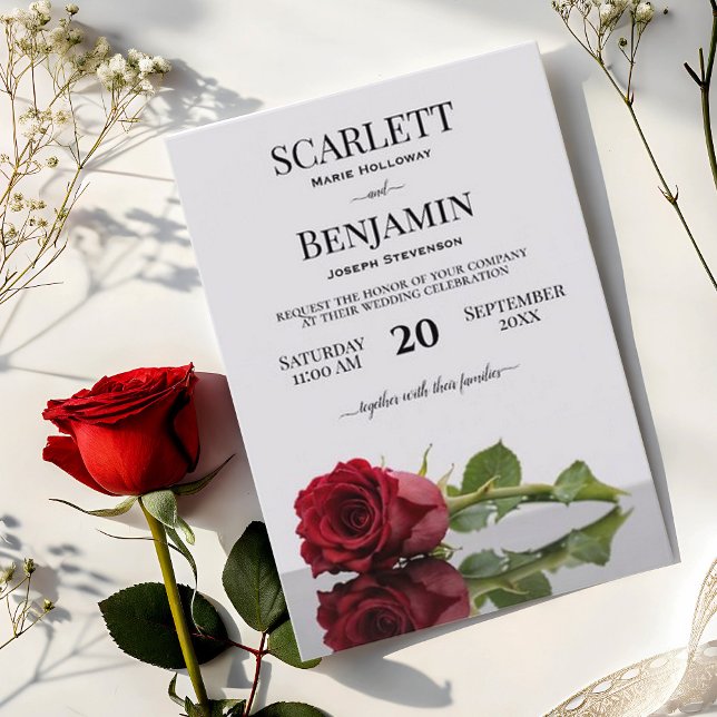 Invitación Elegante Boda de la Rosa Roja Crimson de Larga Est (Subido por el creador)
