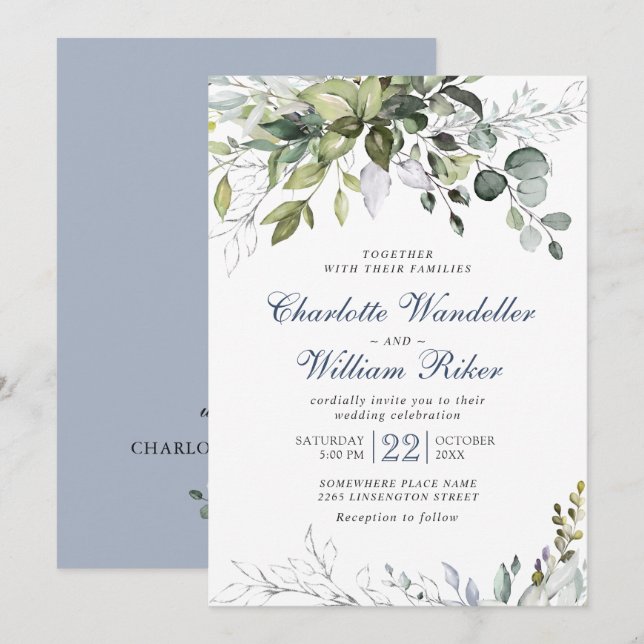 Invitación Elegante Boda de la vegetación del Eucalipto Azul  (Anverso / Reverso)