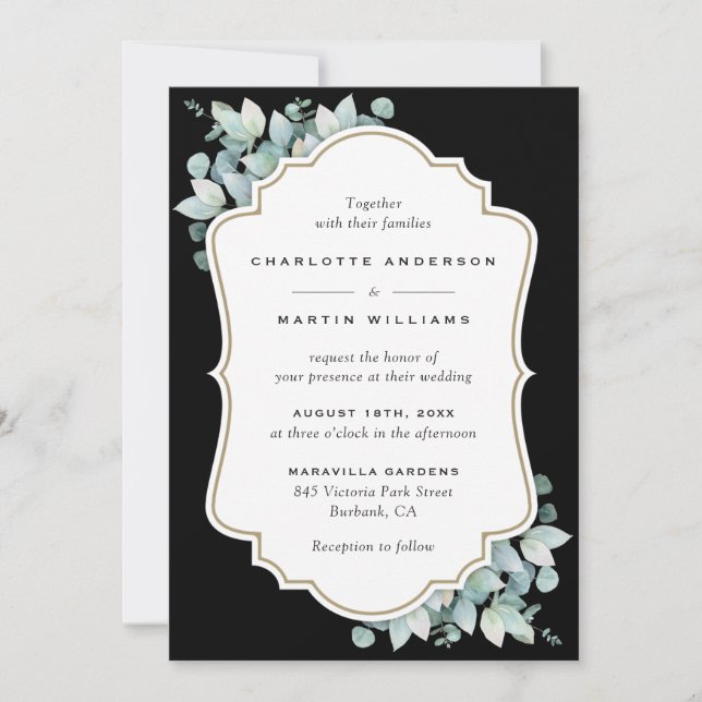 Invitación Elegante Boda de la vegetación del eucalipto negro (Anverso)