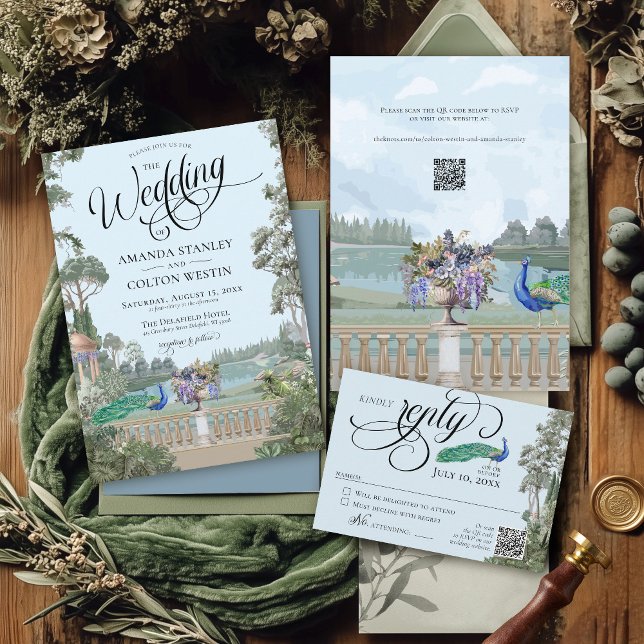 Invitación Elegante Boda de la vegetación del jardín azul de  (Unique vintage French peacock garden rococo chinoiserie greenery floral old money wedding invite)