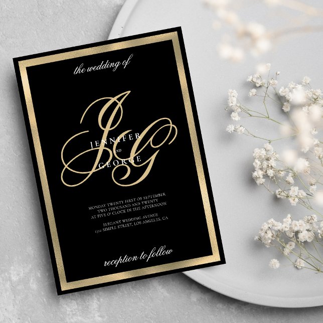 Invitación Elegante boda de las iniciales del monograma de or (Elegant black gold monogram initials wedding)