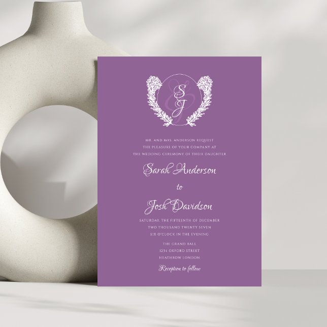 Invitación Elegante Boda de lavanda de monograma floral (Subido por el creador)