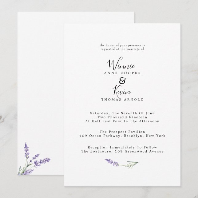 Invitación Elegante Boda de Lavanda del País (Anverso / Reverso)