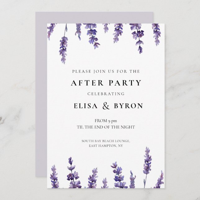 Invitación Elegante boda de lavanda floral tras fiesta (Anverso / Reverso)
