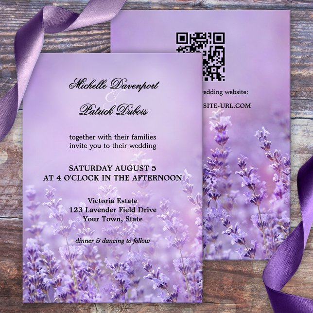 Invitación Elegante Boda de Lavanda Francesa (Wedding invitation featuring a painting of lilac purple lavender flowers - French wedding)