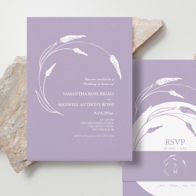 Invitación Elegante Boda de Lavanda Moderna (Stacked wedding invitations lavender line art by Victoria Grigaliunas of Do Tell A Belle)