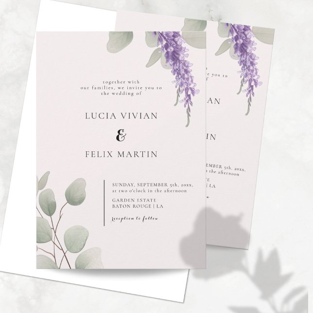 Invitación Elegante boda de lavanda verde eucalipto hoja (Subido por el creador)