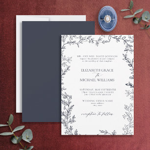 Invitación Elegante Boda de Leafy Azul de la Marina Formal Cl