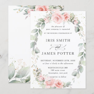 Invitación Elegante Boda de Leafy de flores rosadas de Rubor