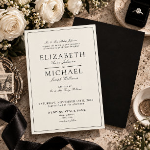 Invitación Elegante Boda de Letra Clásica en Negro y Marfil