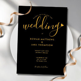 Invitación Elegante Boda de Letra de Corazón Negro y Dorado