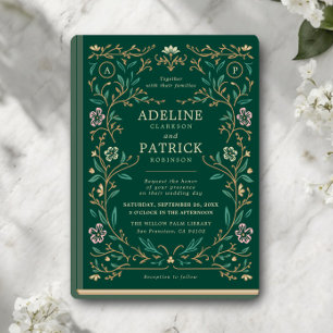 Invitación Elegante boda de libro de biblioteca floral vintag