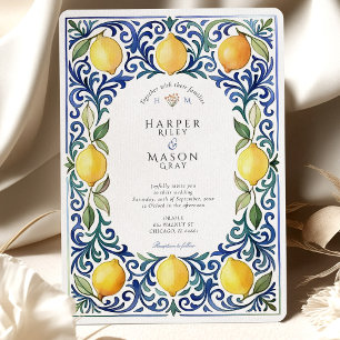 Invitación Elegante Boda de limón mediterráneo y mosaico azul
